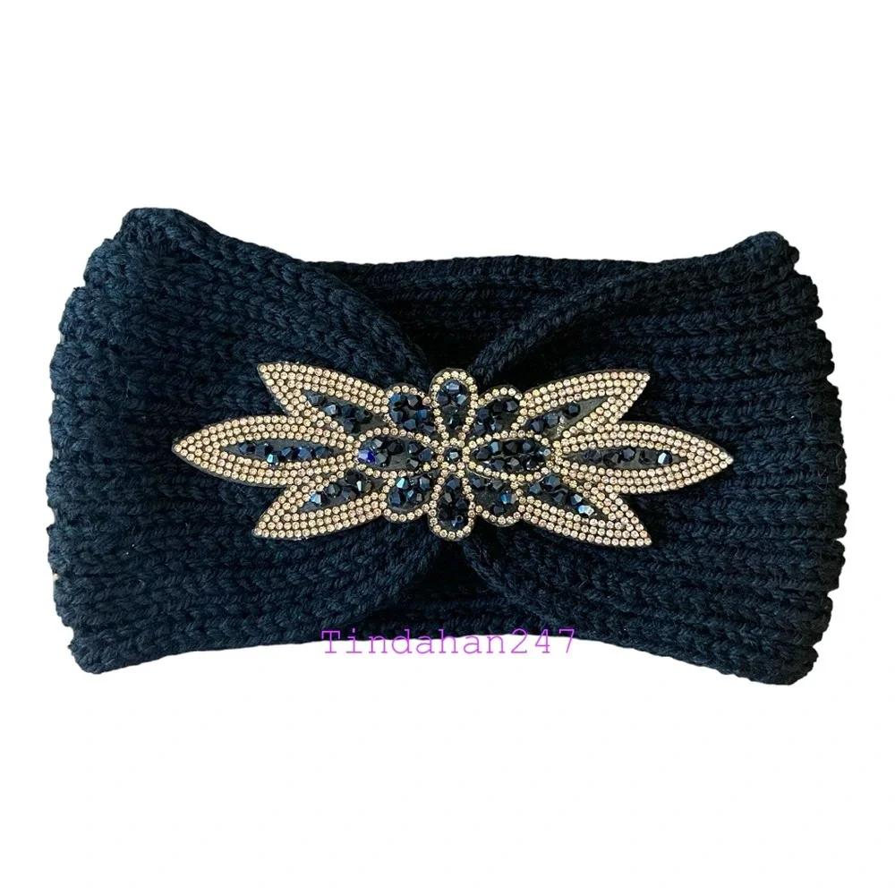 Daisy Gem Flower Design Black Knit Knot Crochet‎ Handmade Headband